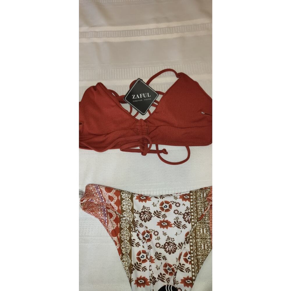Zaful Bikini Swimsuit Sz S 4 NWT Strappy Back 2 Piece Rust, Brown,White NEW - Picture 15 of 15